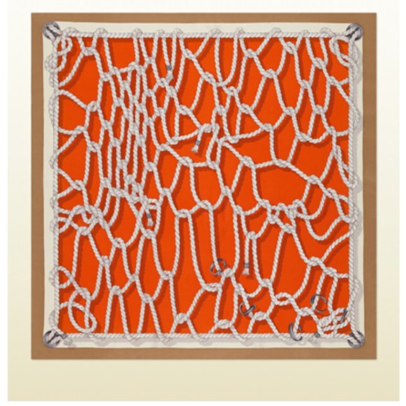 New Gucci Silk Scarf Orange Ropes Print Beige Border Silk Wrap Scarf - Picture 7 of 14